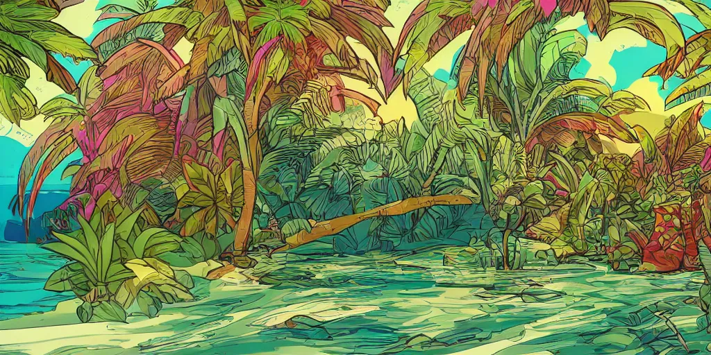 Prompt: tropical island, 8 k, high resolution, detailed drawing, beautiful hd, art nouveau, concept art, colourful, in the style of vadym meller