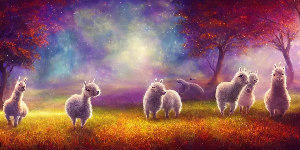 Prompt: magical fairy alpacas frolicking in a field, autumn, sparkles, light beams, digital art, oil painting, fantasy, 8 k, trending on artstation, detailed