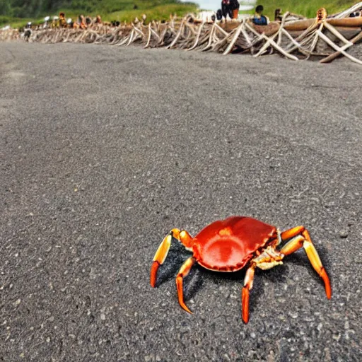 Prompt: crabs in the middle of nowhere queue in a line behind a slingshot pointed towards the moon to be sent to the moon