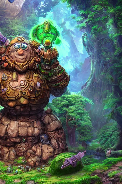 Image similar to zelda fantasy art giant golem troll wood rock greeble gemstone enchanted forest, global illumination ray tracing hdr fanart arstation by sung choi and eric pfeiffer and gabriel garza and casper konefal bastion forged hardmesh lisa frank zbrush central radiating a glowing aura global illumination ray tracing hdr