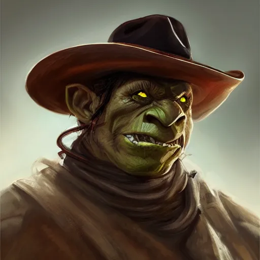 Prompt: a portrait of an orc with a cowboy hat on with an American flag scarf, D&D, sci-fi, elegant, hopeful, muscular, highly detailed, digital painting, artstation, concept art, smooth, sharp focus, illustration