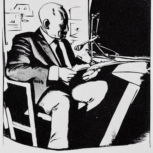 Image similar to buzz aldrin playing the drums while Lenin reads from a bible in a downtown New York jazz club in the late 1950's. etching