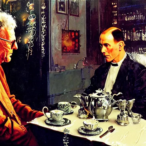 Image similar to a blade runner nexus 6 replicant takes tea with a vicar, painted by norman rockwell and tom lovell and frank schoonover