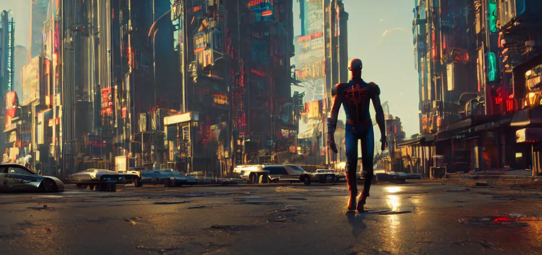 Image similar to a film still from a gritty cyberpunk 2 0 0 0 s james cameron movie about spider - man. realism, cinematic lighting, 4 k. 8 mm. grainy. panavision.