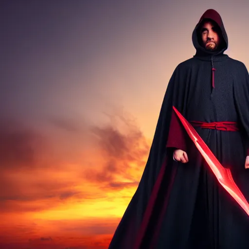 Prompt: man wearing a cloak and holding two red daggers, cinematic, sunset, medieval city background, 4 k
