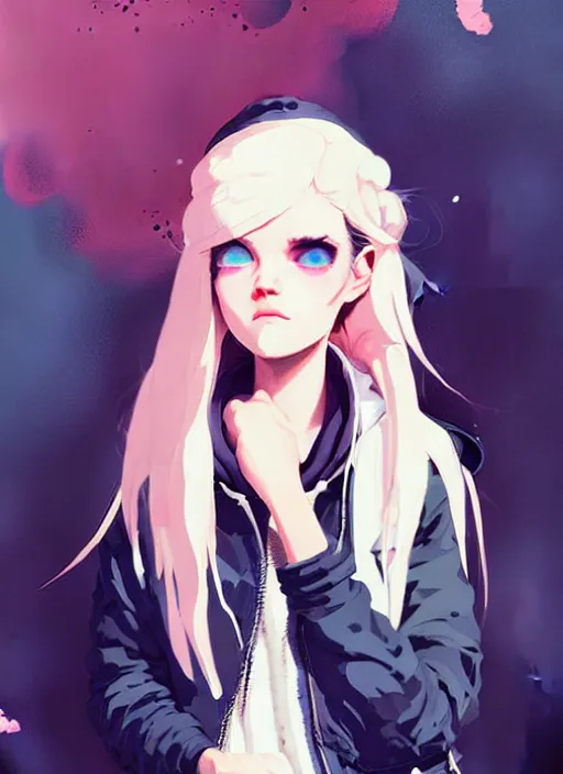 Image similar to highly detailed portrait of a urban punk lady student, blue eyes, hoodie, white hair by atey ghailan, by greg rutkowski, by greg tocchini, by james gilleard, by joe fenton, by kaethe butcher, gradient black, brown and pink color scheme, grunge aesthetic!!! ( ( graffiti tag wall background ) )