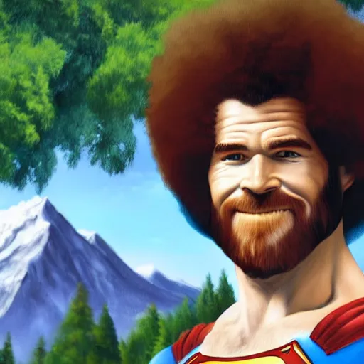 Image similar to a closeup photorealistic photograph of bob ross working on a canvas painting of superman. film still. brightly lit scene. mountains and trees. this 4 k hd image is trending on artstation, featured on behance, well - rendered, extra crisp, features intricate detail, epic composition and the style of unreal engine.