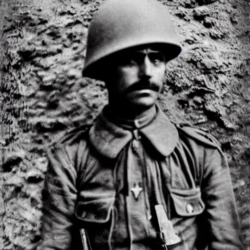 Image similar to Kurdish soldier, ww1 trench, war photo, film grain, award winning photo