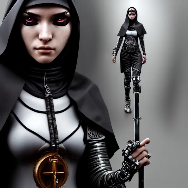 Image similar to cyberpunk nun warrior, highly detailed, 4 k, hdr, smooth, sharp focus, high resolution, award - winning photo, artgerm, photorealistic