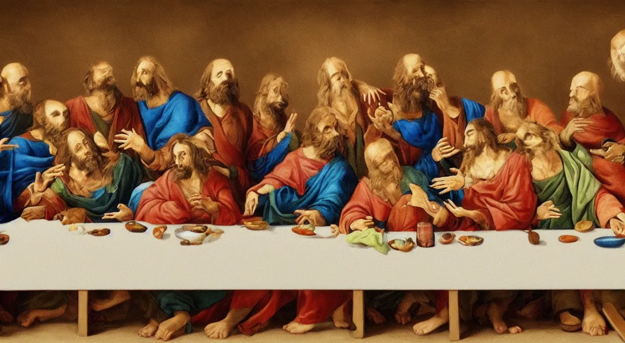 Prompt: painting of the last supper portrayed by cute cats
