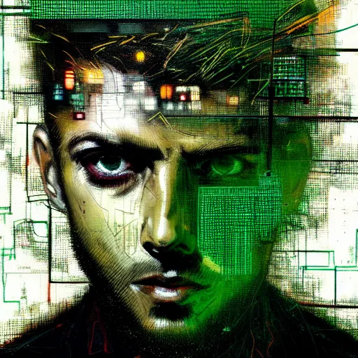 Image similar to hyperrealistic portrait of a cyberpunk man, medium hair, confident, cybernetics, immersed within a network, by Guy Denning, Derek Gores, Russ Mills, glitch art, hyper focus, fined detail, polished, complex, hacking effects, holographic, digital tech effects, color blocking!, green, realistic, acrylic on canvas, concept art, abstract, 8k. trending on cgsociety, trending on artstation