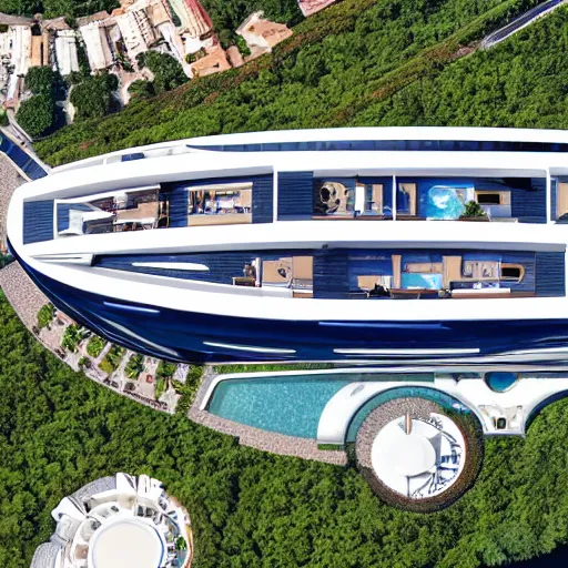 Prompt: aerial view of the new residential Mega Yacht ‘Somnio’ the largest yacht in the world , full view of the boat, this 728 feet boat mansion have 39 apartments across 32 floors. luxury, very design, gofl course and swimming, luxury equipment