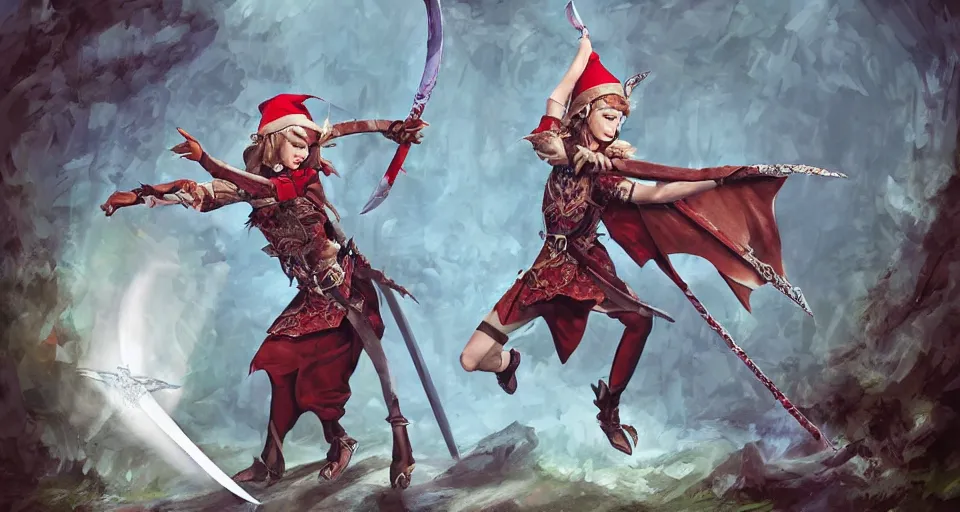 Prompt: a dungeons & dragons fantasy elf performing a sword-dance in a flowing combat dress, digital art, action shot