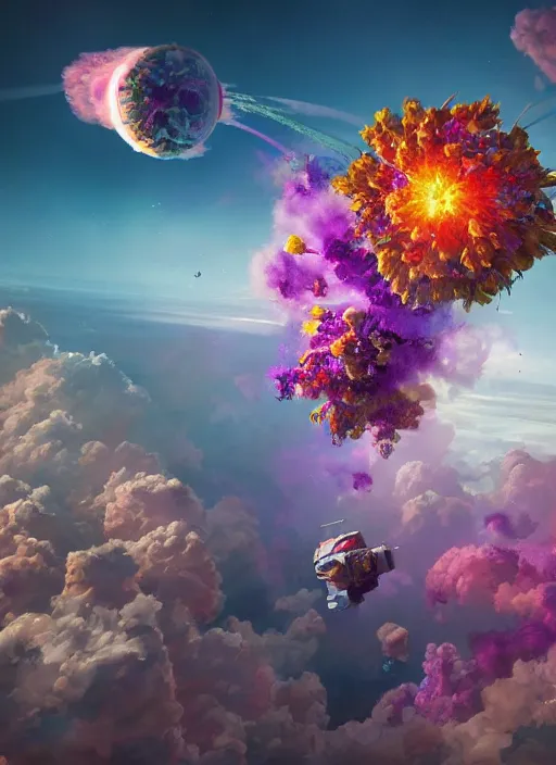 Image similar to An epic fantastic realism comic book style painting of the most beautiful flowers launched into space, bouquets, fisheye lens, unreal 5, DAZ, hyperrealistic, light burst, octane render, dynamic lighting