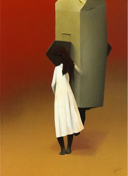 Prompt: paper women in paper bag over the head and a sward Edward Hopper and James Gilleard, Zdzislaw Beksinski, highly detailed