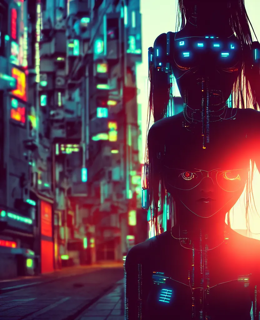 Image similar to a photo close up cyberpunk cyborg girl stands in a cyberpunk hiroshima, prefecture streets, sunset, photorealistic, cinematic lighting, very detailed, style by tomino - sama