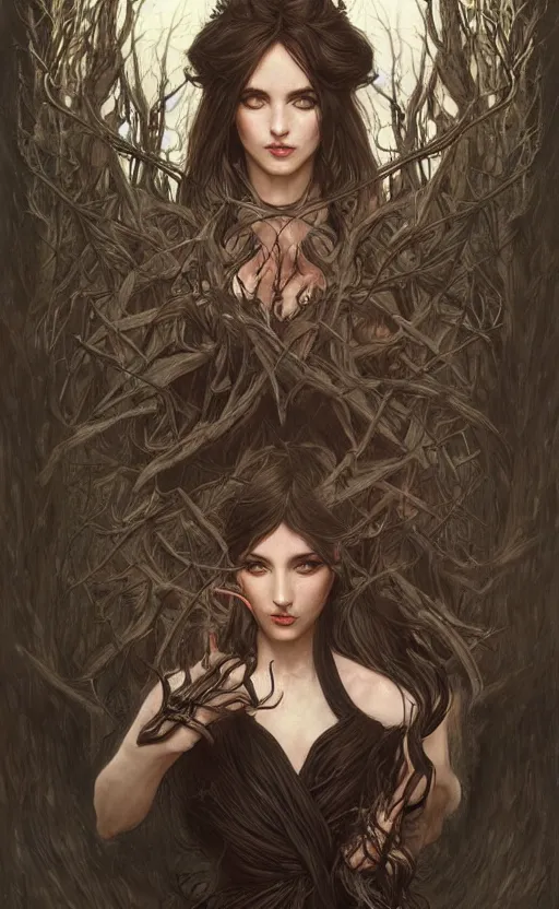 Image similar to playing card of the three fates, dark and ethereal, wild hairs, expressive poses, dark dress, fantasy, intricate, dark forest background, highly detailed, digital painting, artstation, concept art, smooth, sharp focus, illustration, art by artgerm and greg rutkowski, artgerm and alphonse mucha