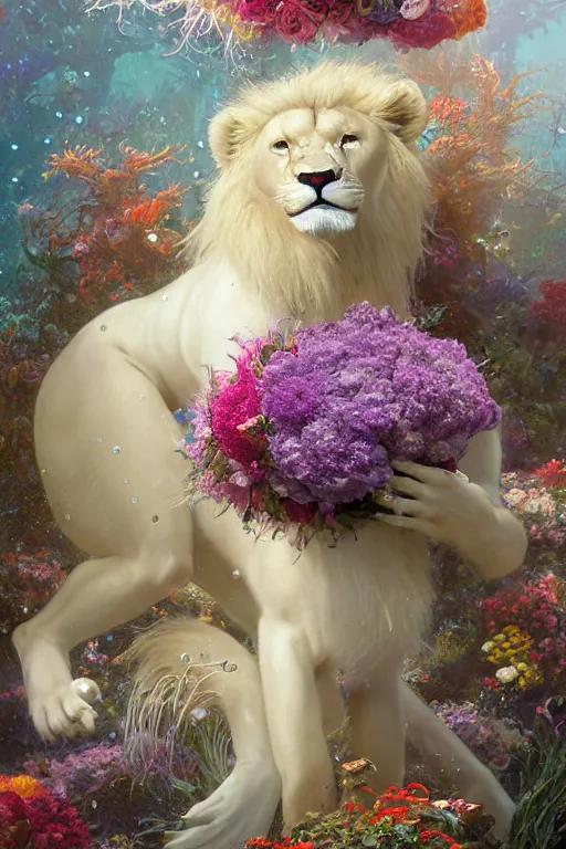 Image similar to portrait of a beautiful mysterious albino male furry anthro lion holding a bouquet of flowing flowers, mane flowing upwards, small bubbles surrounding him, hands hidden under the bouquet, submerged underwater filled with colorful small fish and coral reef, fantasy, regal, intricate, by stanley artgerm lau, greg rutkowski, thomas kindkade, alphonse mucha, loish, norman rockwell