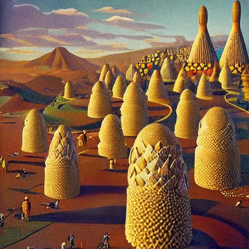 Image similar to The land art depicts a city made entirely out of kulich, a traditional Russian Easter bread. The city is bustling with activity, as people go about their day-to-day lives. The illustration is playful and whimsical, with a touch of magic. by Franz Sedlacek