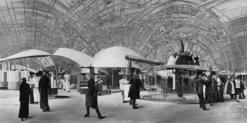 Image similar to futuristic invention display at the worlds fair, 1 9 0 0 s photograph