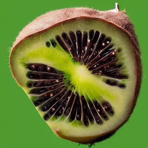 Prompt: a kiwi bird cut in half to reveal a kiwi fruit inside