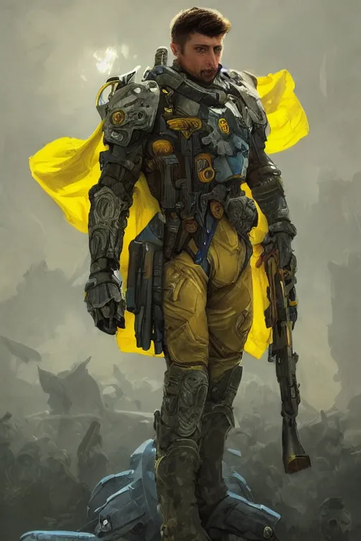 Image similar to shot of Vladimir Zelenskiy as a super soldier with Ukrainian blue and yellow flag on his back, handsome, fantasy, intricate, pile of skulls under his feet, elegant, highly detailed, digital painting, artstation, concept art, smooth, sharp focus, illustration, art by artgerm and greg rutkowski and alphonse mucha