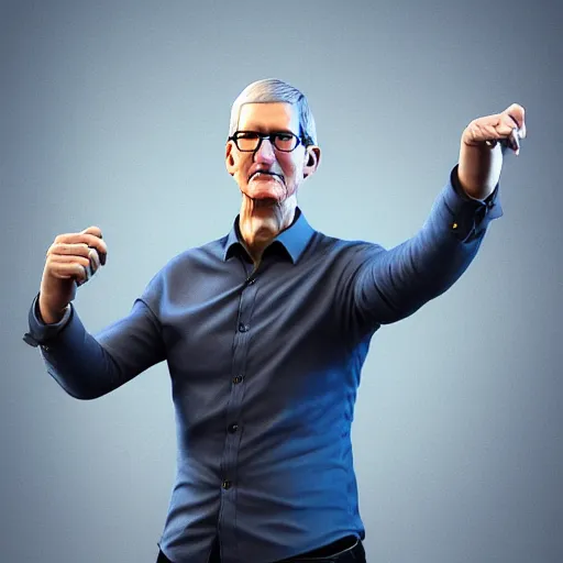 Image similar to tim cook. pointing his finger in the air. mythical organic biomechanical man. futuristic. blue blurry background. highly detailed, intricate steampunk ornate, poetic, 3 d render, digital art, octane render, 8 k artistic photography, photorealistic.