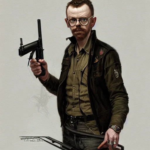 Image similar to portrait painting of simon pegg with a winchester, ultra realistic, concept art, intricate details, eerie, highly detailed, photorealistic, octane render, 8 k, unreal engine. art by artgerm and greg rutkowski and alphonse mucha