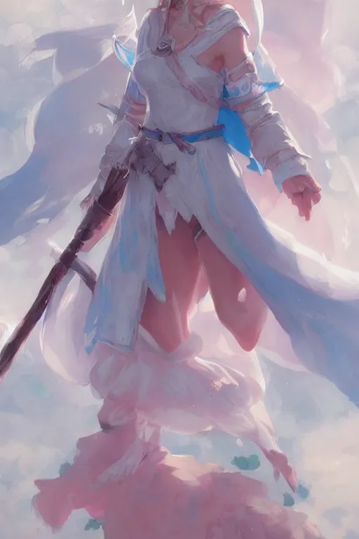 Prompt: 3 / 4 portrait of a cute white mage with a staff in mage armor, soft, pink and blue, artgerm and and greg rutkowski, trending on artstation