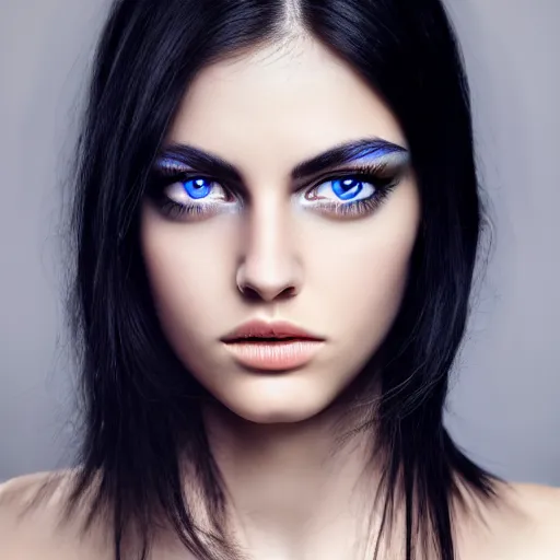 Image similar to photorealistic portrait of beautiful toxic girl, black hair, blue eyes, smooth face, perfect eyes, half body shot, elegant, realistic, glowing skin, detailed, symmetric, face, angelic beauty, sharp focus, famous model, professional photography