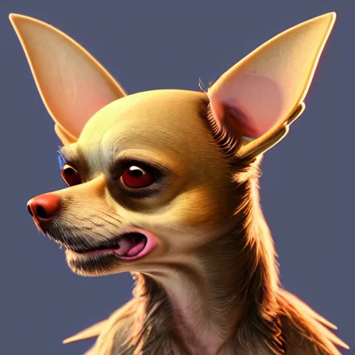 Image similar to antropomorphic!!!!!!!!!!!! chihuahua man living in an extradimensional reality where it is a god, in the style of wlop, illustration, epic, fantasy, hyper detailed, smooth, unreal engine, sharp focus, ray tracing, physically based rendering, renderman, beautiful