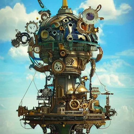 Image similar to flying city in a mechanical flower flower flower flower, sky, steampunk!!!, fantasy art, steampunk, masterpiece, octane, ghibli