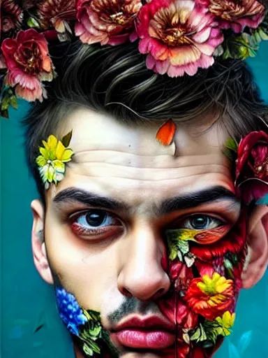 Image similar to portrait of a man, with a floral background painted by artgerm, karol bak, artur bordalo, sandra chevrier : : portrait, character, illustration, hyperrealism