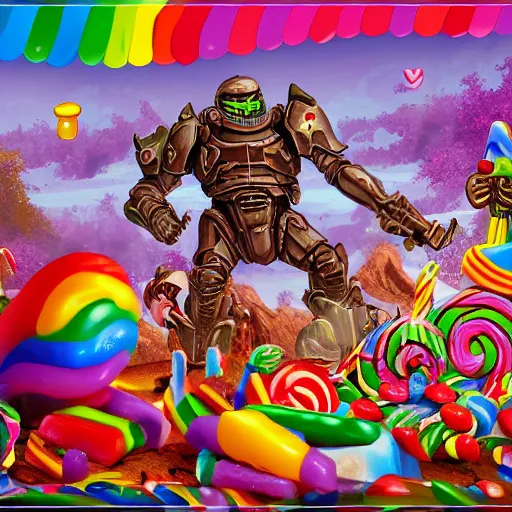 Prompt: the Doomslayer's adventure in Candy Land, 4k, highly detailed, digital art