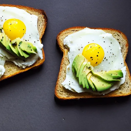 Image similar to duck egg, avocado, swiss cheese on toast. studio lighting.