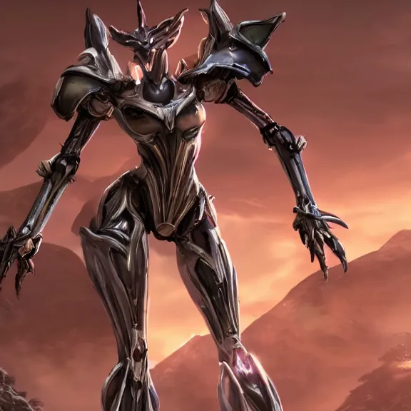 Image similar to extremely detailed cinematic low ground shot of a giant 1000 meter tall beautiful stunning female warframe goddess, that's an anthropomorphic hot robot mecha female dragon, silver sharp streamlined armor, detailed head, sharp claws, glowing Purple LED eyes, sitting cutely in the background on top of a mountain, a tiny forest with a village in the foreground, fog rolling in, dragon art, warframe fanart, Destiny fanart, micro art, macro art, giantess art, fantasy, goddess art, furry art, furaffinity, high quality 3D realistic, DeviantArt, Eka's Portal, HD, depth of field