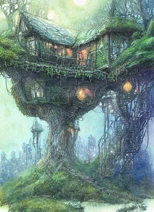 Image similar to treehouse city in the forest with fairy lights, light ground fog, river, detailed fantasy watercolor comic style, subtle colors, by alan lee and john howe