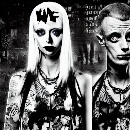 Image similar to die antwoord chappie, back and white, zef design graffiti in the background, dark lighting, digital art