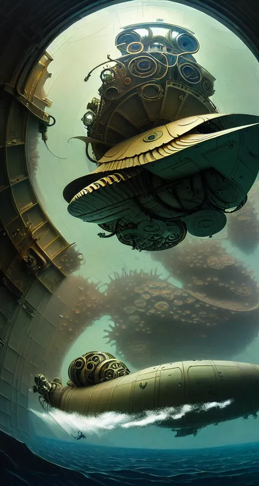 Prompt: epic concept illustration, highly detailed, intricate mechanical design, hard science concept art, underwater nautilus submarine being prepared for launch, by greg rutkowski and alphonse mucha. uhd, cinematic lighting, amazing depth, cinematography by 2 0 1 7