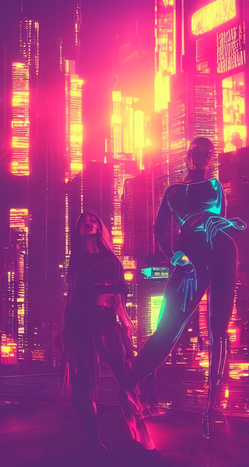 Prompt: sunset, cyberpunk women, city, neon lights, glow, atmospheric, cinematic, retrowave style,