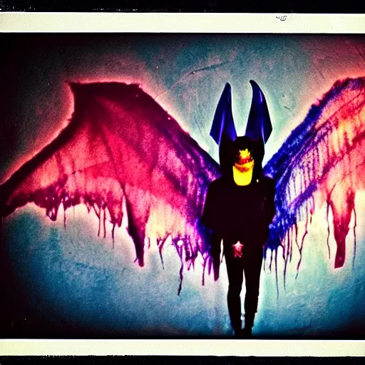 Prompt: a dark artistic photo of an alien creature with crazy wings, a polaroid photo, bleeding decaying colors!