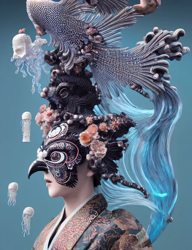 Image similar to 3 d goddess bottom - up with ram skull. beautiful intricately detailed japanese crow kitsune mask and clasical japanese kimono. betta fish, jellyfish phoenix, bio luminescent, plasma, ice, water, wind, creature, artwork by tooth wu and wlop and beeple and greg rutkowski