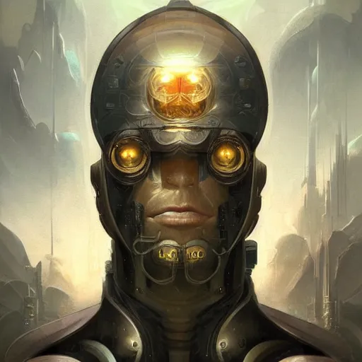 Image similar to a mysterious portrait of a cyborg bodyguard, handsome, premium cybernetics, D&D, fantasy, intricate, smooth, golden ratio, cel-shaded 3d artwork by Peter mohrbacher and Wayne barlowe