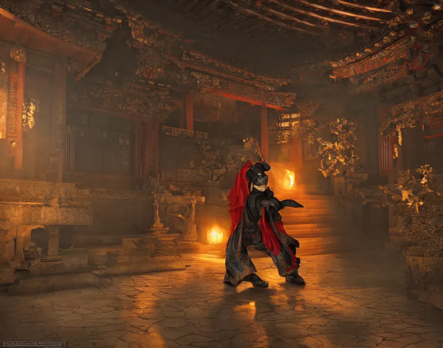 Image similar to shadow ninja in old asian temple, beautiful texture, beautiful graphics, fantasy artwork, very beautiful scenery, hd, hdr, ue 5, ue 6, unreal engine 5, cinematic 4 k wallpaper, 8 k, ultra detailed, by popular digital, details, beautiful image ever created, high resolution, artstation, award winning