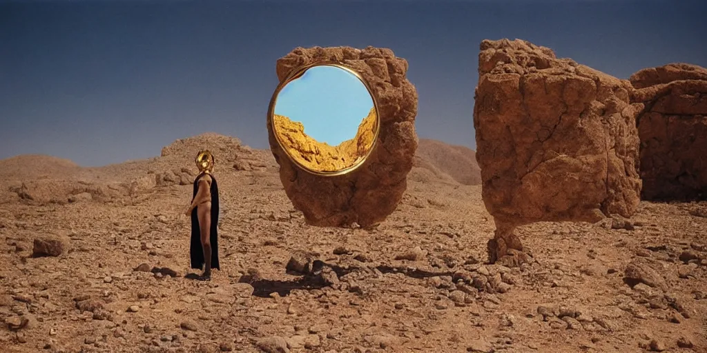 Prompt: levitating woman with full - face golden mask in a dry rocky desert landscape, visible sky and sunny atmosphere, fata morgana and giant mirrors by alejandro jodorowsky, anamorphic lens, kodakchrome, practical effects, masterpiece, 8 k