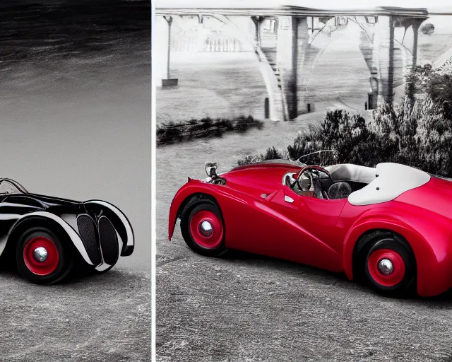 Prompt: a single bugatti type 5 7 sc atlantic and tesla roadster hybrid, dslr, cinematic, photorealistic, hyperdetailed