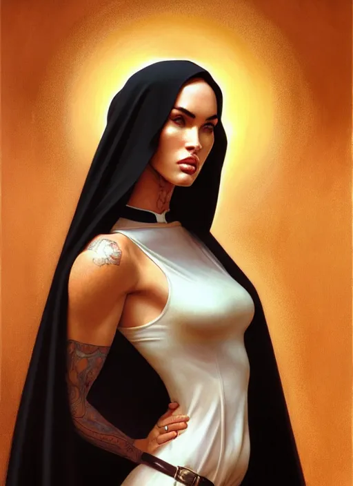 Image similar to portrait of megan fox as a hot and sultry nun, catholic, church, bible, christian, intrigante, headshot, highly detailed, digital painting, artstation, concept art, sharp focus, cinematic lighting, illustration, art by artgerm and greg rutkowski, alphonse mucha, cgsociety