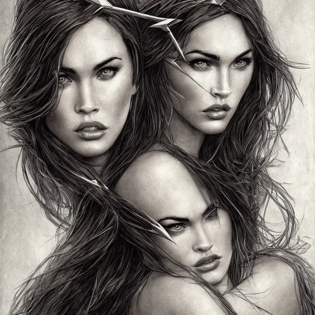 Image similar to portrait of beautiful megan fox as greek goddess aphrodite, archer, arrow on the head, beautiful piercing eyes, flowing blonde hair, realistic face, black and white drawing, in the style of greg rutkowski, fantasy, amazing detail, epic, intricate, elegant, smooth, sharp focus