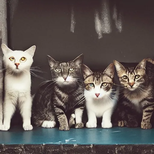 Image similar to photo of a group of stray cats watching television in a dark alley, studio lighting moonlit