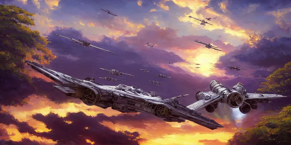 Image similar to an extraordinarily beautiful oil painting of an x - wing fighter in a landscape in spring during sunrise ; lush vegetation ; the most beautiful painting in the world ; by makoto shinkai and craig mullins